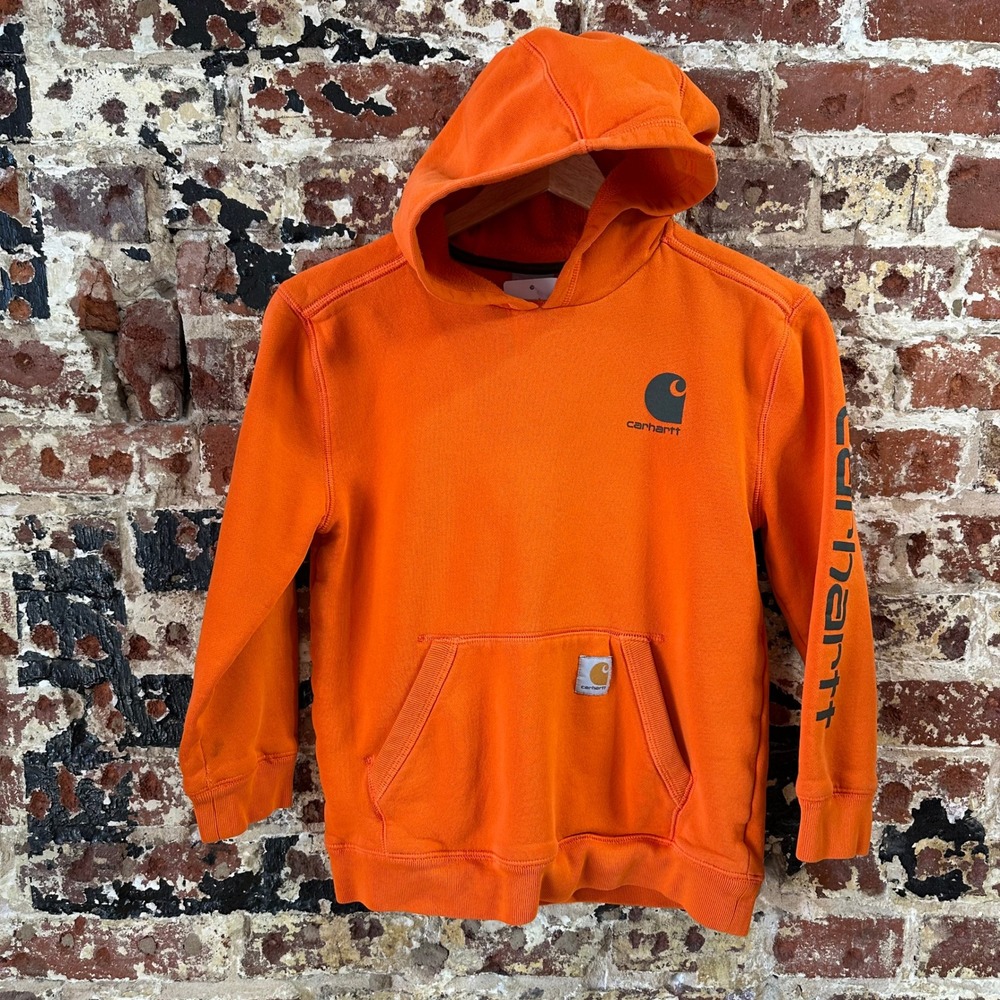 Carhartt Orange Hoodie Kids Youth Boys Sleeve Logo Pullover Boys Medium